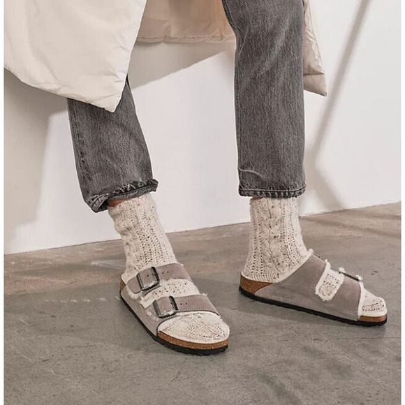 Birkenstock Shoes - Birkenstock Arizona Stone Grey Fur Shearling Suede Sandals